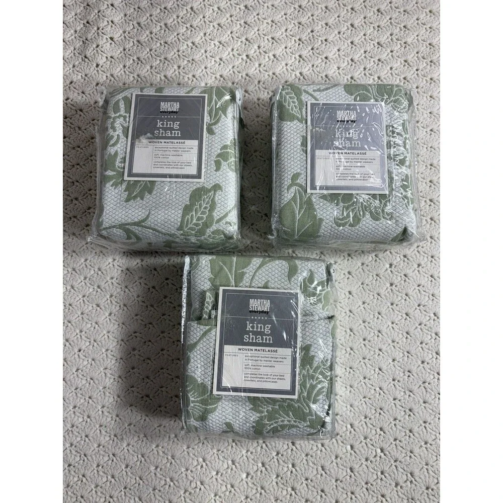 Lot of 3 Vtg 90s Martha Stewart Woven Matelasse Pillow King Shams Green on White